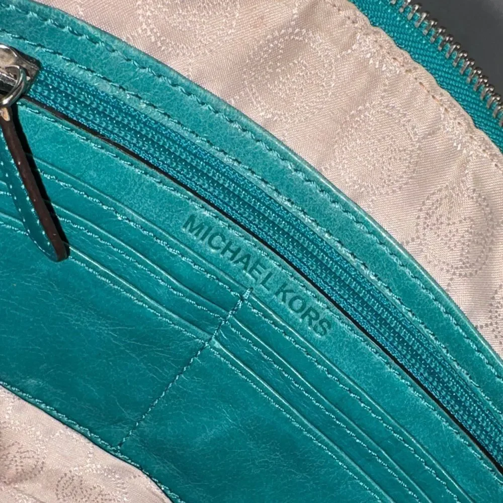 Michael Kors Purse Bag Fallon Large Leather Zip Clutch Wristlet Teal Aqua HTF